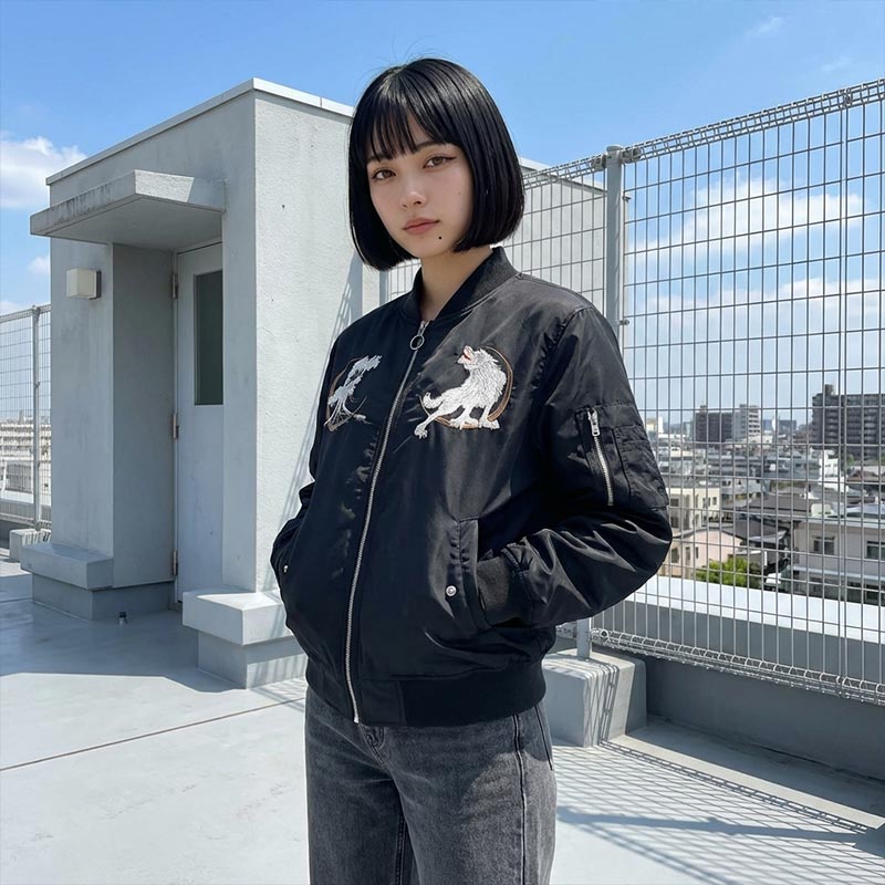 Woman wearing a black bomber Sukajan jacket with white wolf designs on a Tokyo rooftop with cityscape background