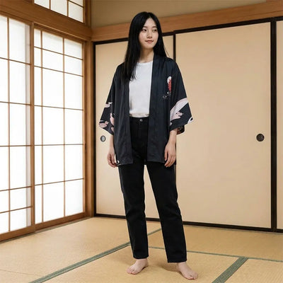 Woman wearing a anime haori in a washitsu room with tatami and shoji screens