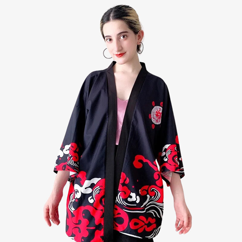 The women demon kimono combines traditional kimono elegance with fierce demon motifs for a striking and fashionable loo