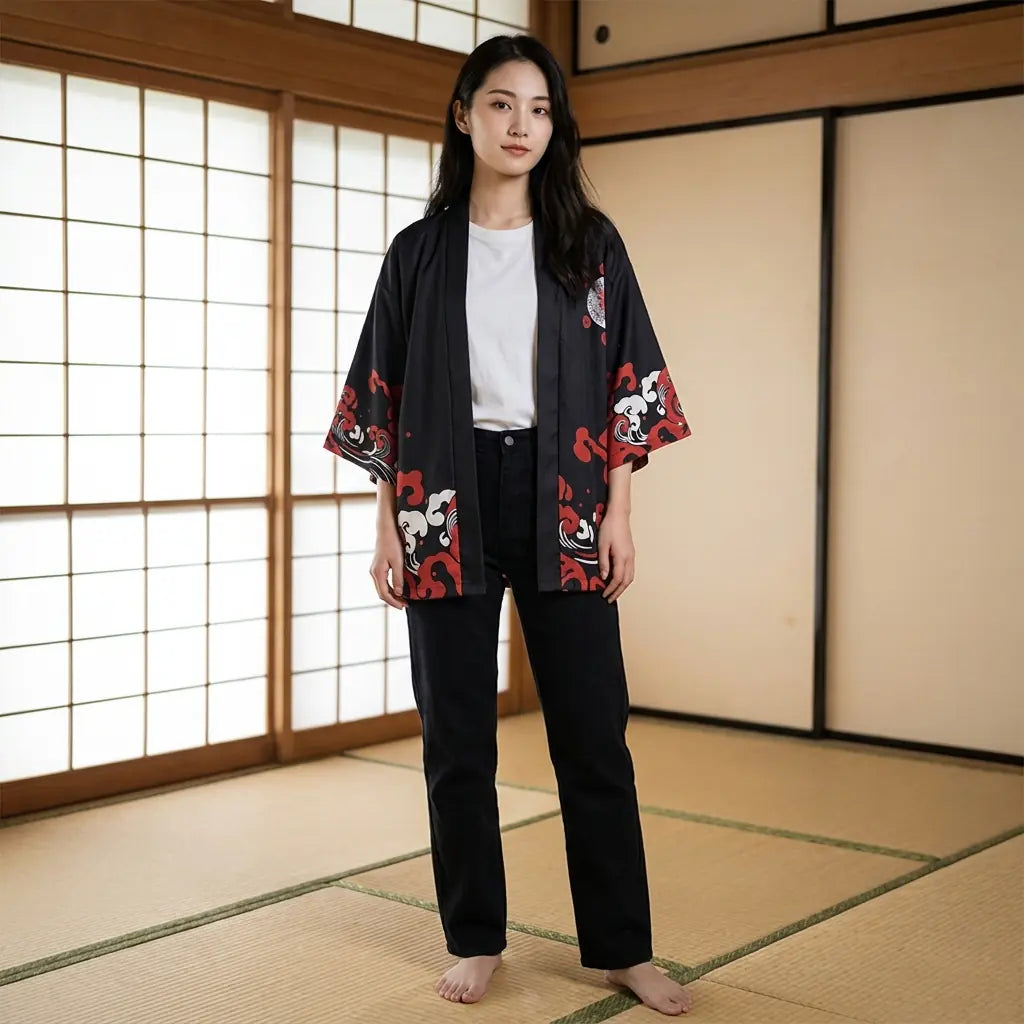 Woman wearing a haori black in a washitsu room with tatami and shoji screens