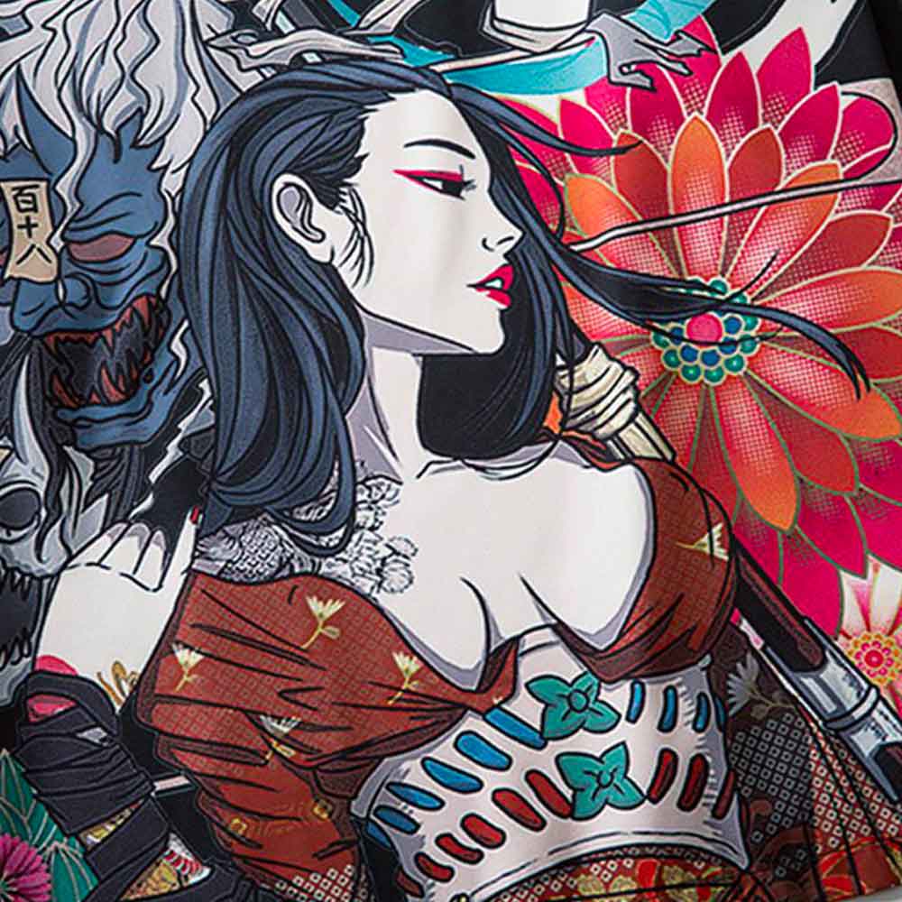 The women kimono drawing is a beautify geisha girl with a japanese demon