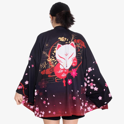 The women kimono jacket features a beautiful design with a Japanese Kitsune fox mask on the back, blending traditional aesthetics with modern style