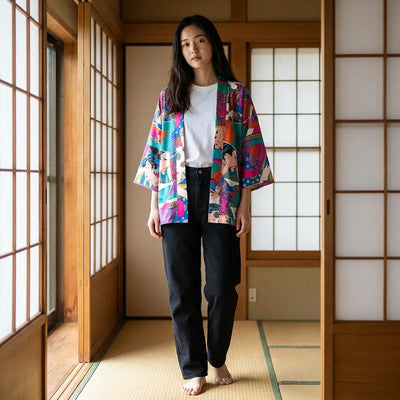 Woman wearing a ukiyo-e kimono in a washitsu room with tatami and shoji screens