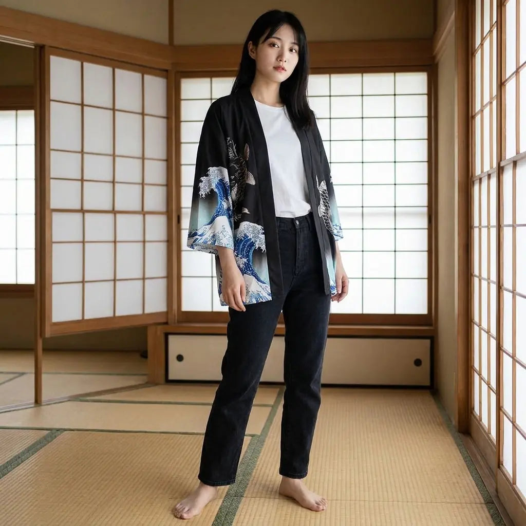 Woman wearing a haori design in a washitsu room with tatami and shoji screens