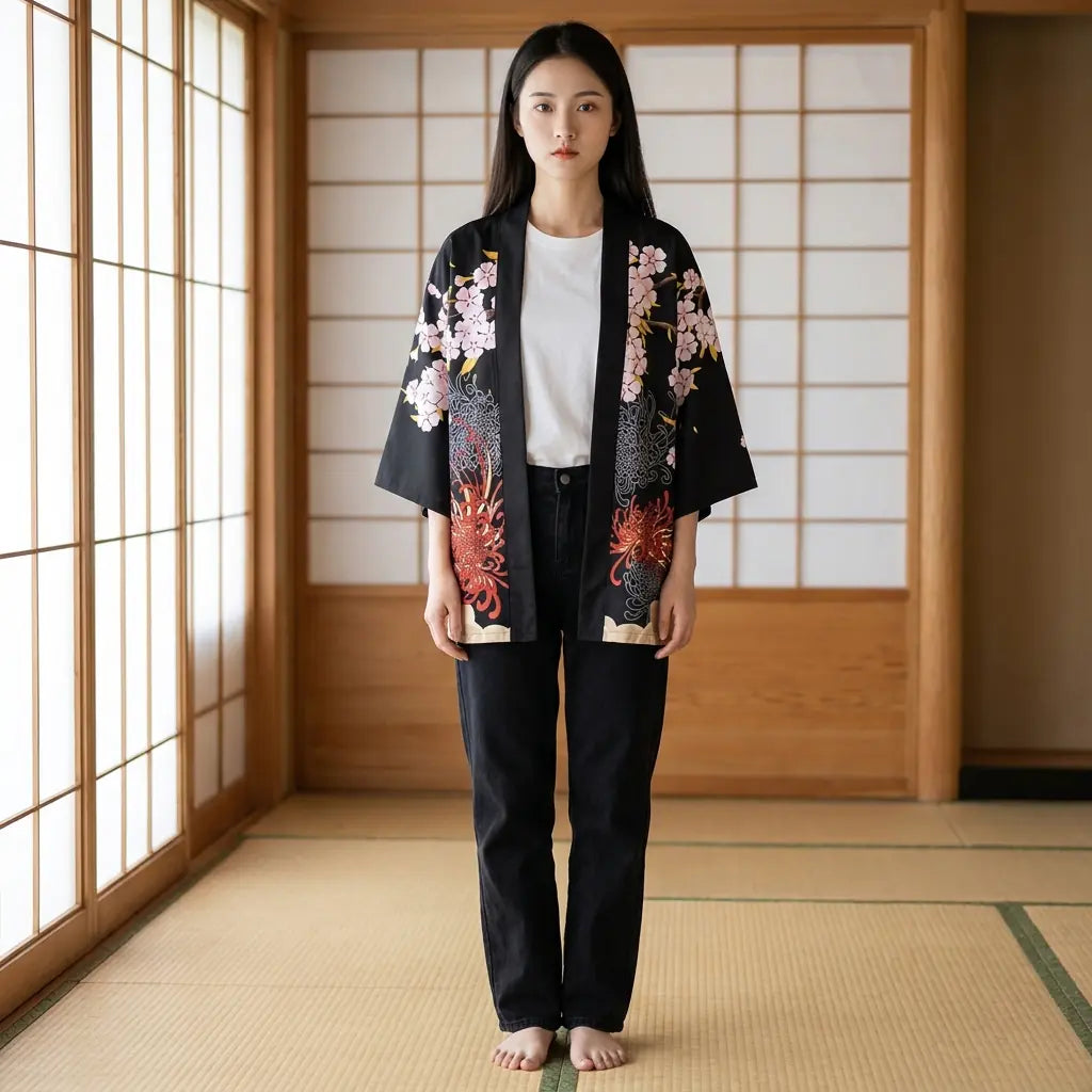 Woman wearing a kimono jacket haori in a washitsu room with tatami and shoji screens