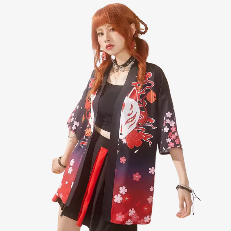 Women’s haori jacket featuring traditional kitsune mask ans sakura flowers printed patterns with a contemporary fit, perfect for layering in any season.