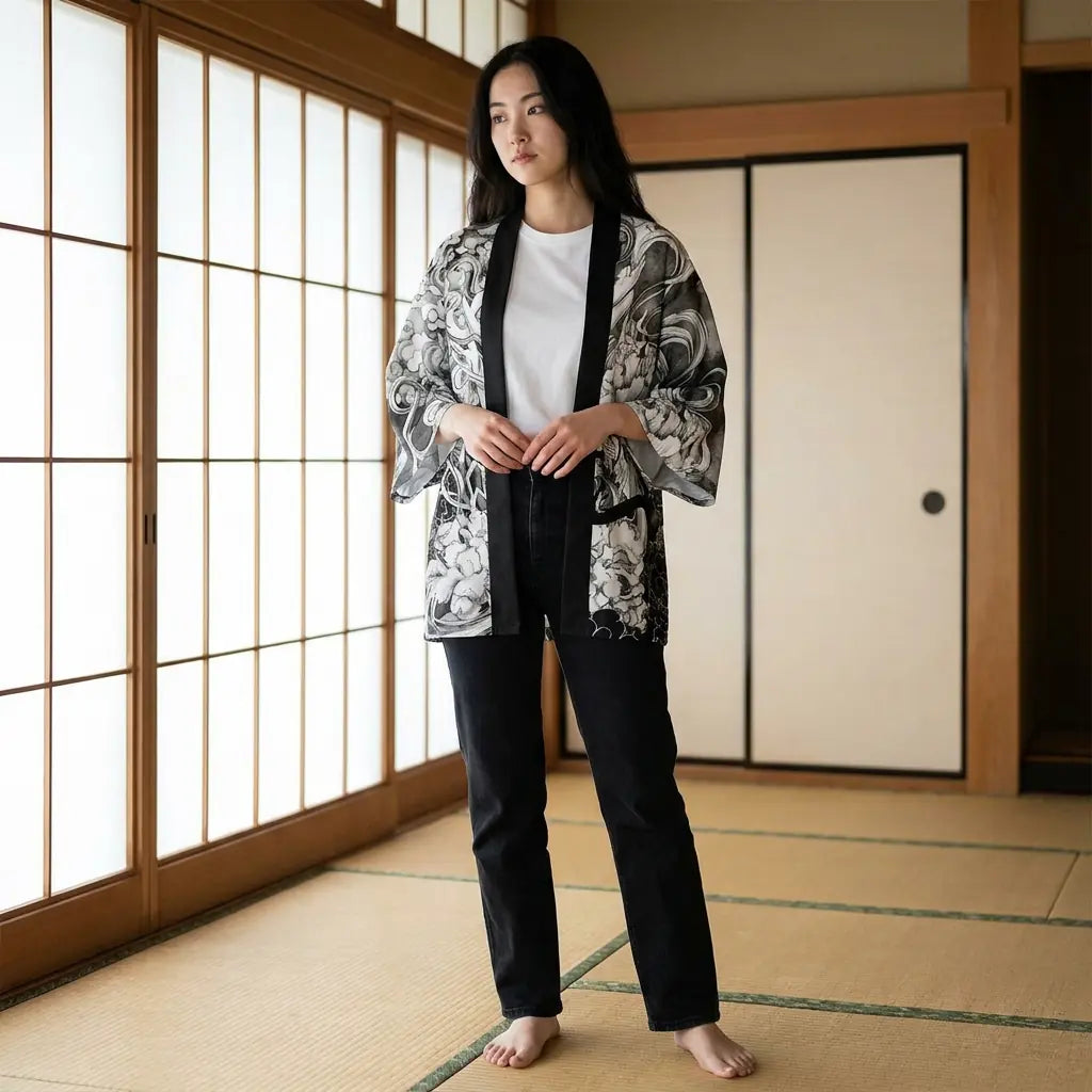 Woman wearing a kimono haori in a washitsu room with tatami and shoji screens