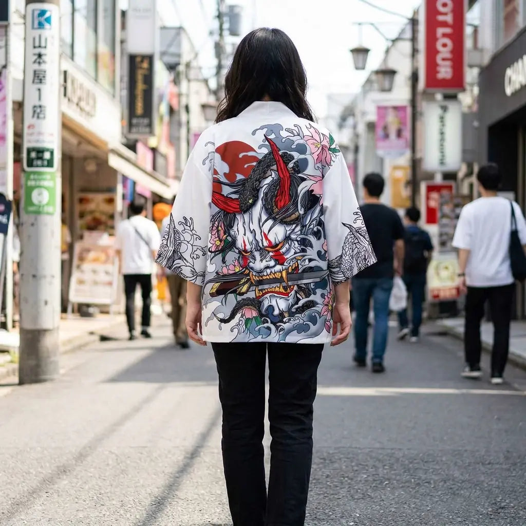 Woman seen from behind wearing a kimono oni in a Harajuku street