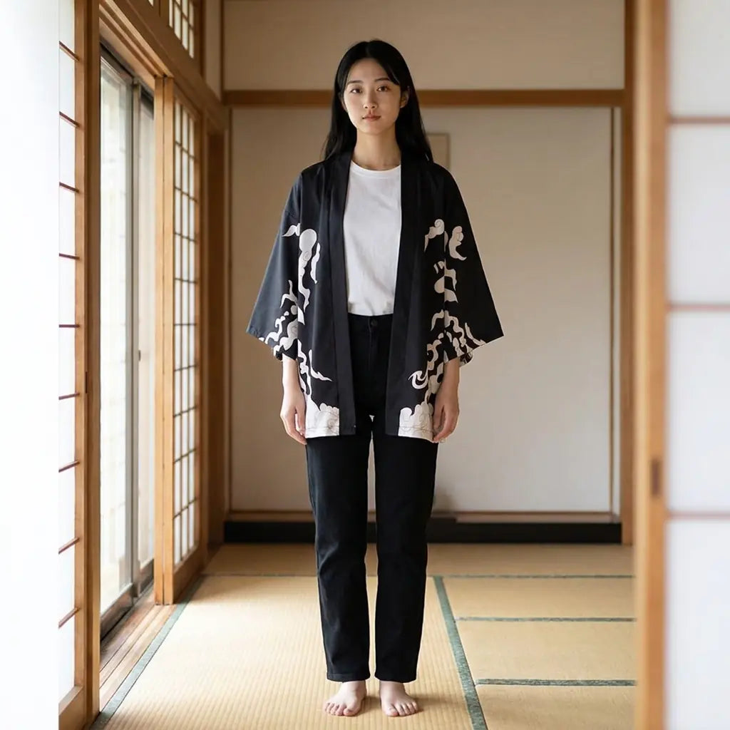 Woman wearing a manga kimono in a washitsu room with tatami and shoji screens