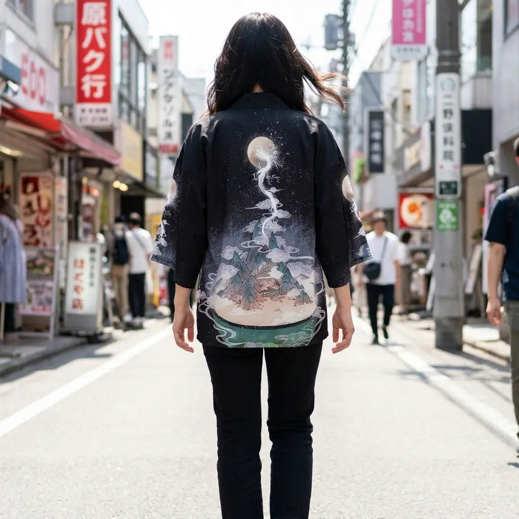 Woman seen from behind wearing a yume yukata in a Harajuku street