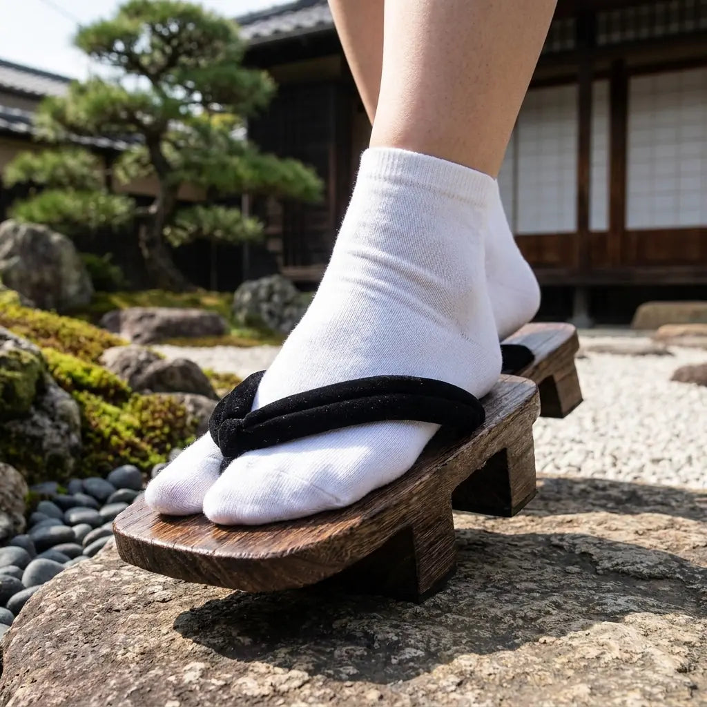 Wooden Japanese Sandals worn with white tabi socks on a garden stone