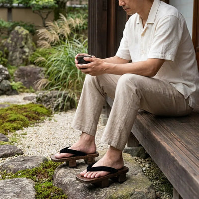 Wooden Japanese Sandals worn with white tabi socks by a seated man in a Japanese garden