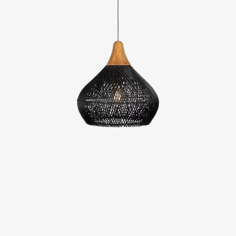 a Black woven pendant lamp​ light with wooden top on a white background