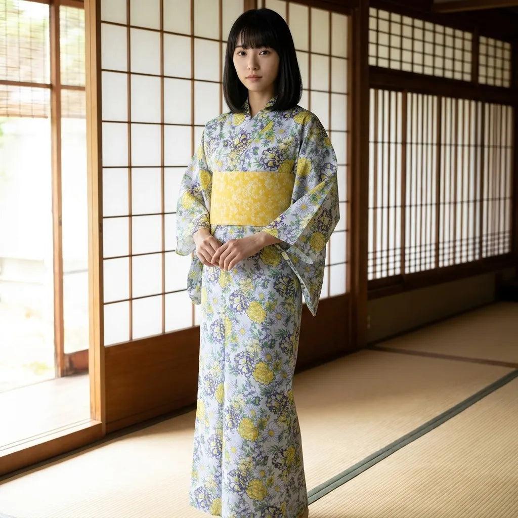 Yellow floral kimono with yamabuki blossom print worn as a long wrap robe