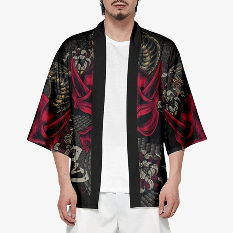 a man is dressed with yokai jacket featuring japanese oni red demon and a snake. Japanese lycoris radiata are also printed on the quality cotton fabric