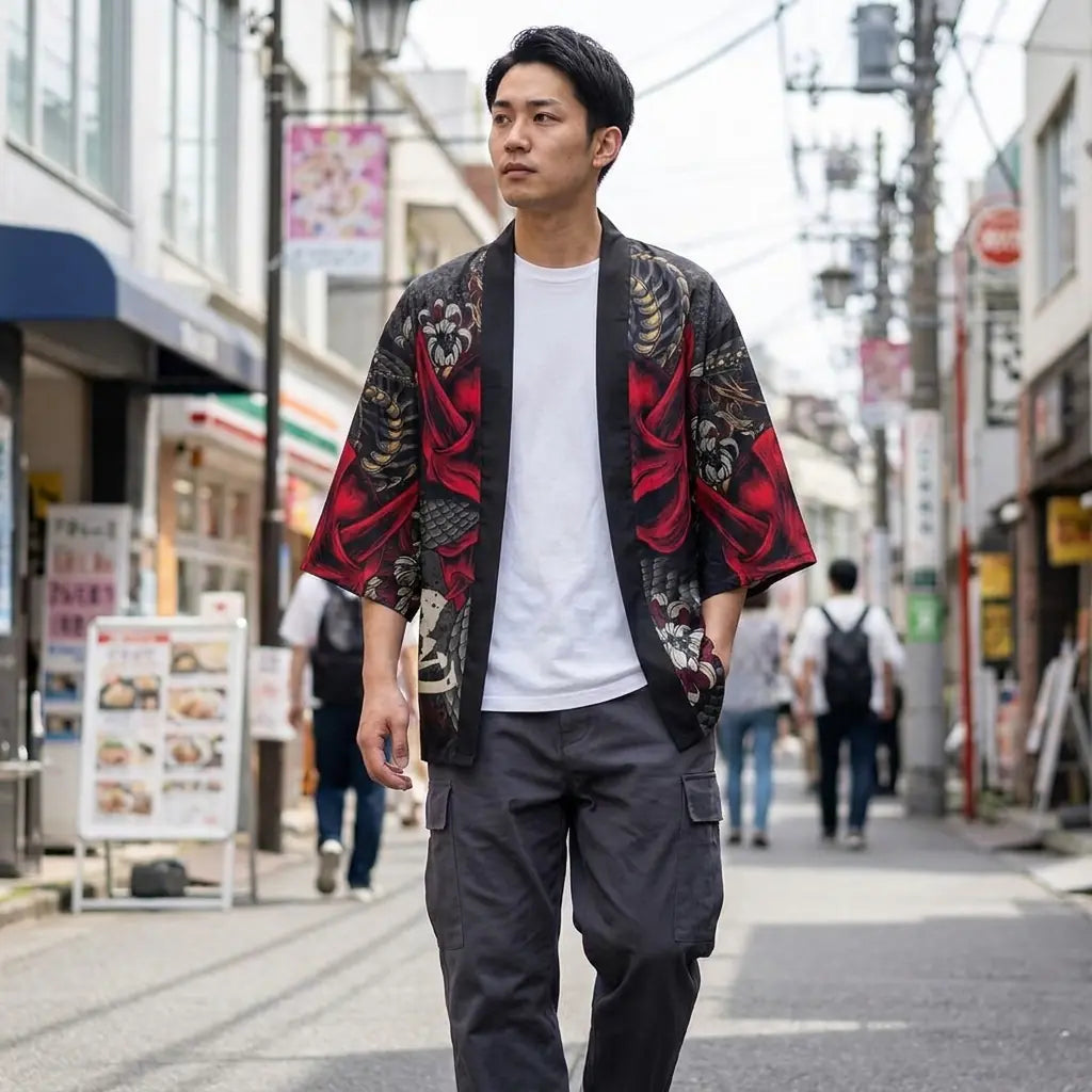 Man wearing a yokai kimono in a Harajuku street in Tokyo, front view