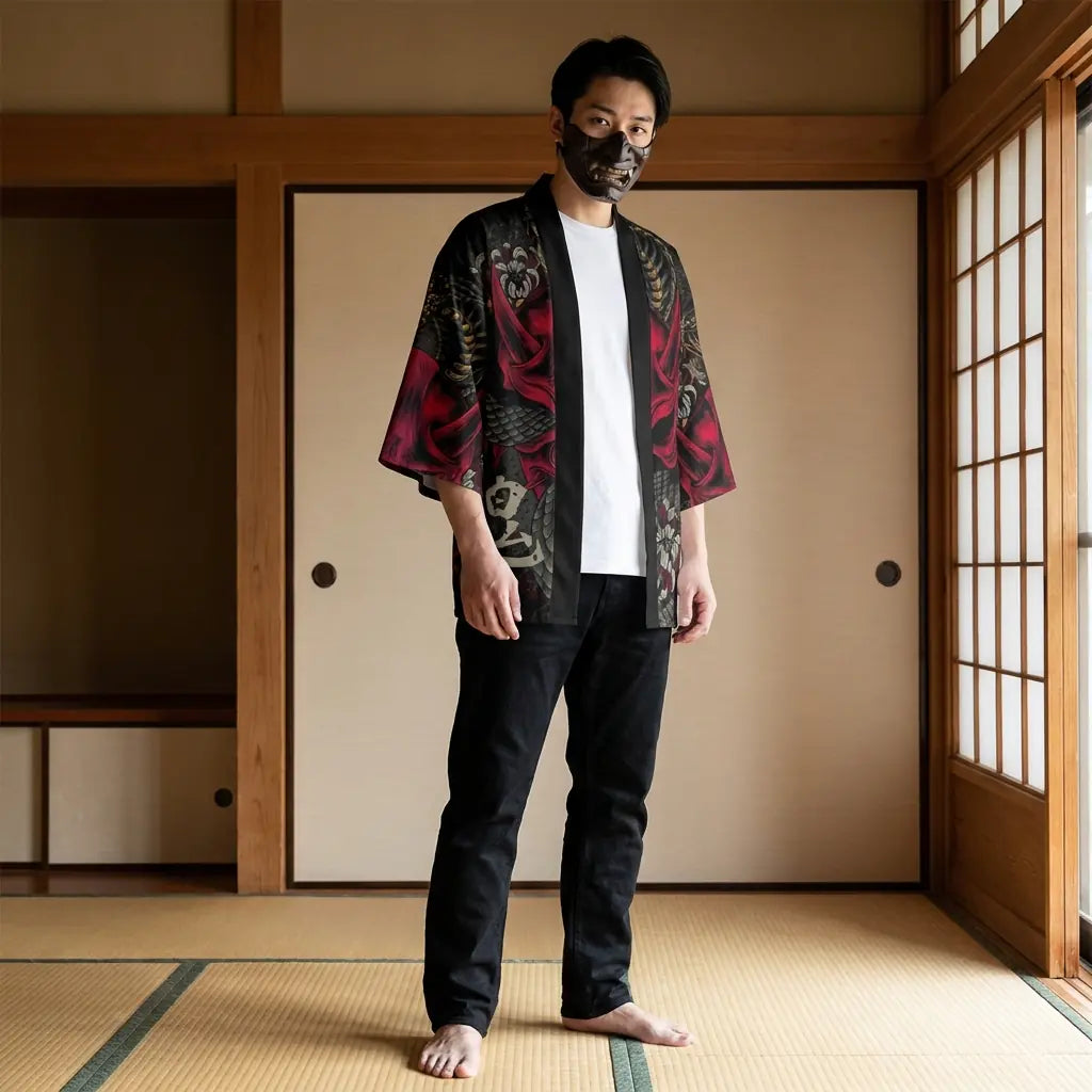 Man wearing a yokai kimono in a traditional Japanese washitsu room, front view