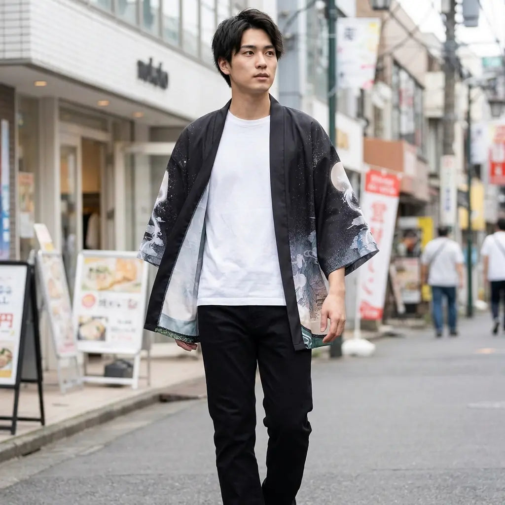 Man wearing a yume yukata in a Harajuku street in Tokyo, front view