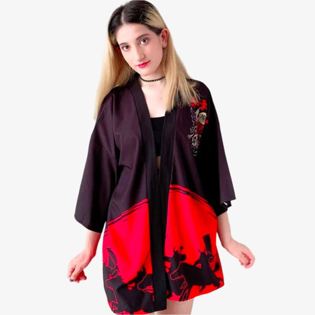 Woman wearing a black and red Japanese outfit with floral embroidery against a light gray background