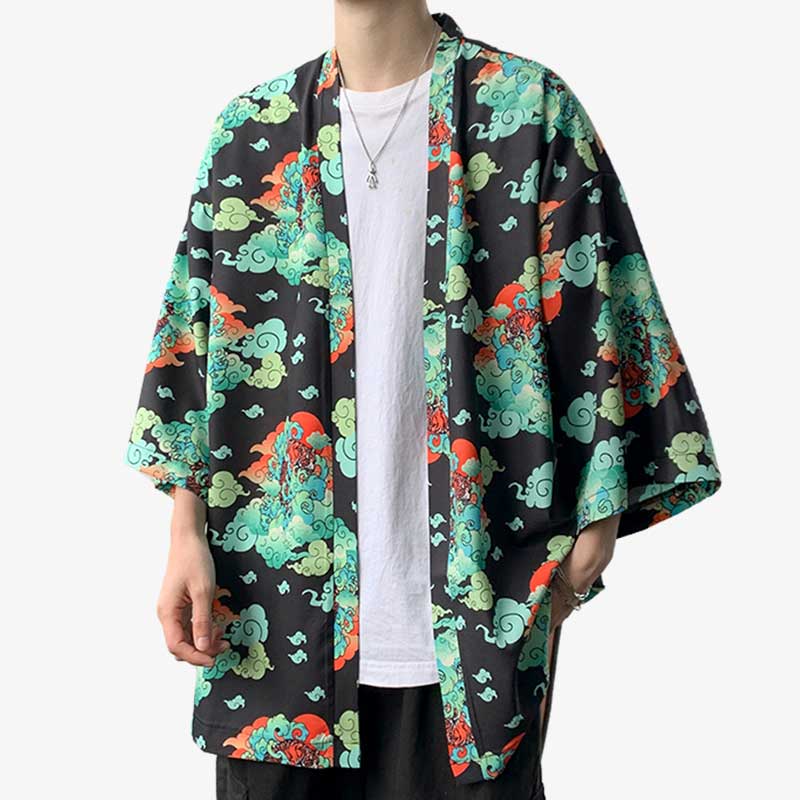 A man is dressed in haori streetwear. The Kimono jacket is printed with Japanese cloud motifs. Also known as Kumo