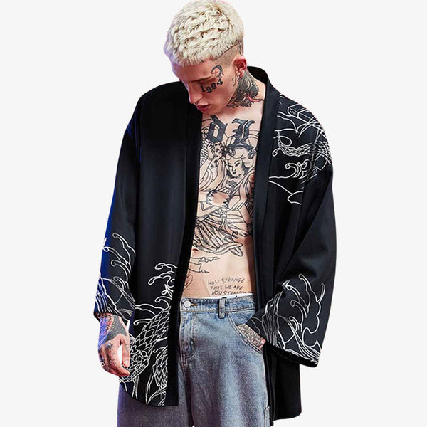 A model is dressed in a Japanese Haori kimono for men with a black cotton haori jacket.