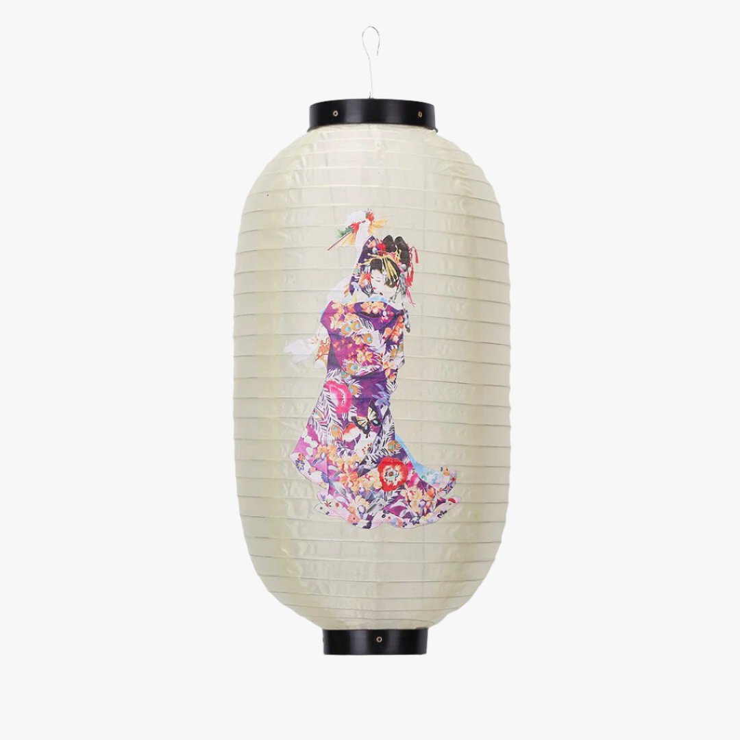 The Japanese lantern Geisha is a traditional Chochin lantern, adorned with an elegant depiction of a geisha, combining cultural artistry with the soft glow of Japanese paper lanterns.