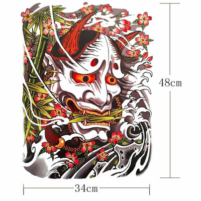 This draz is Japanese temporary tattoo oni representing the Hannya mask with a bamboo tree, sakura blossom flowers and Japanese wave symbol