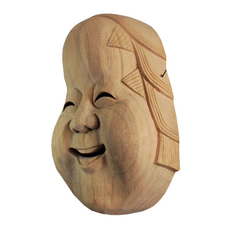 Japanese wooden mask used for noh Theater. Smiling mask with wood oak material