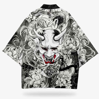 A men's kimono haori jacket with a Japanese demon design in black and white with red accents on the back.