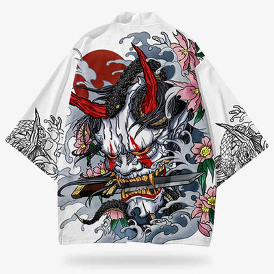 A kimono oni style inspired by Haori jacket featuring a large Hannya demon motif with red accents, surrounded by floral patterns against a white background.