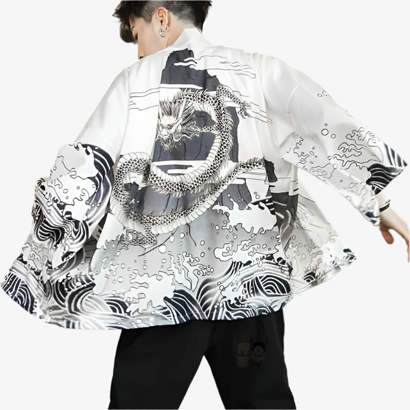 Kimono dragon design with intricate mythical dragon embroidery, symbolizing strength and wisdom in Japanese culture.