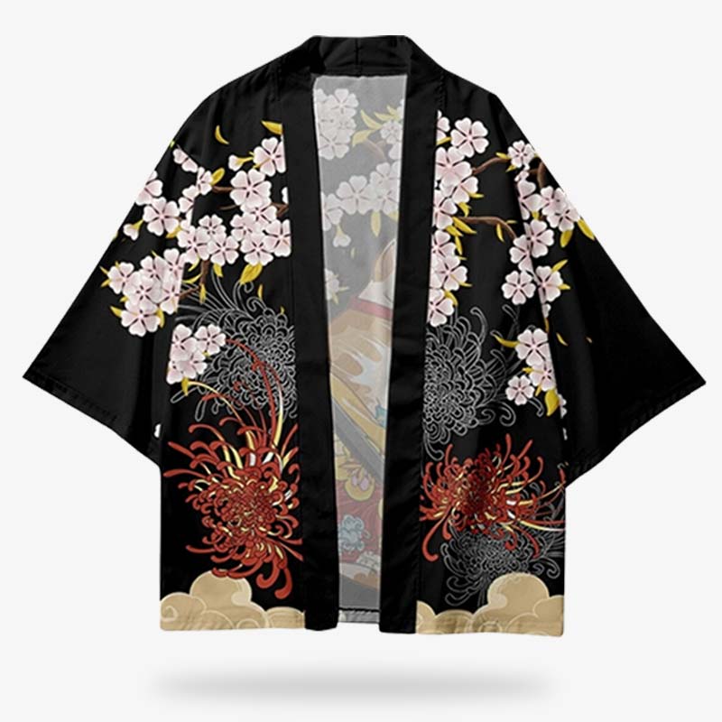 THIS Kimono Jacket haori kimono is a jacket worn over a Yukata. The fabric is black with Japanese flower prints such as sakura and lycoris radiata (tokyo ghoul flower).