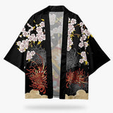 THIS Kimono Jacket haori kimono is a jacket worn over a Yukata. The fabric is black with Japanese flower prints such as sakura and lycoris radiata (tokyo ghoul flower).