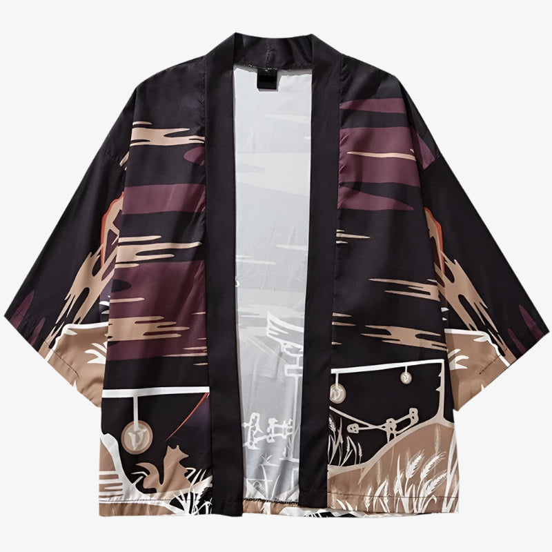 Traditional Japanese Kitsune Haori kimono with black, brown, and beige patterns on a white background