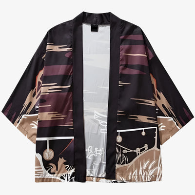Traditional Japanese Kitsune Haori kimono with black, brown, and beige patterns on a white background