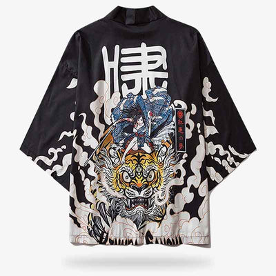 A black manga kimono Haori jacket with a graphic print of a Japanese samurai warrior on a tiger, surrounded by cloud-like designs.