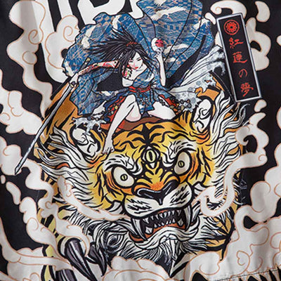 a japanese samurai warrior on a tiger is printed on this Manga Kimono pattern