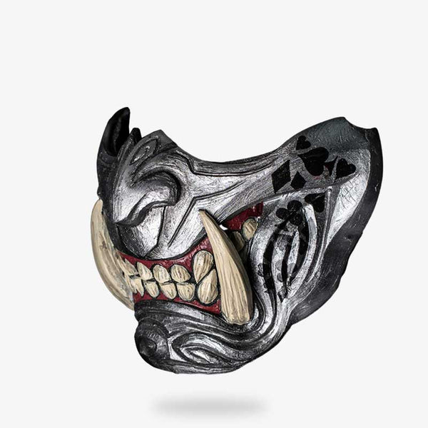 Oni Japanese Samurai Devil Warrior Ghost Mask Cosplay Masquerade Mask Jaw Teeth Skull Mouth Silver by