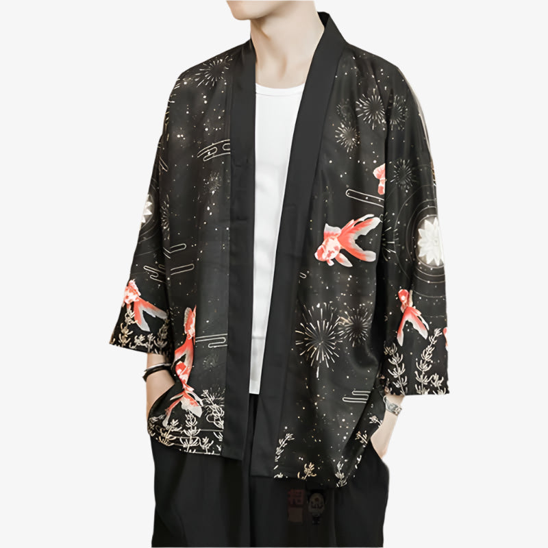 Black Soulive Haori Jacket kimono-style with fox and floral patterns on a white background