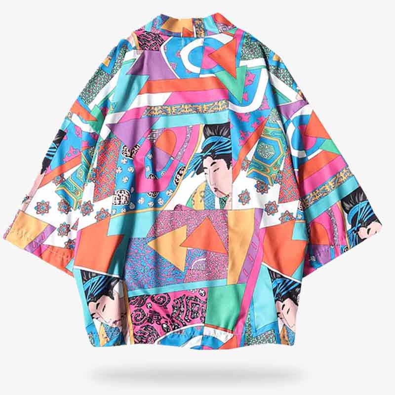 A Ukiyo-e Kimono jacket featuring a colorful, abstract pattern with geometric shapes and Japanese-inspired geisha designs.