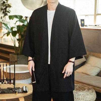 a men black Haori kimono blending tradition and comfort, made to be worn as a light jacket with a casual Japanese touch