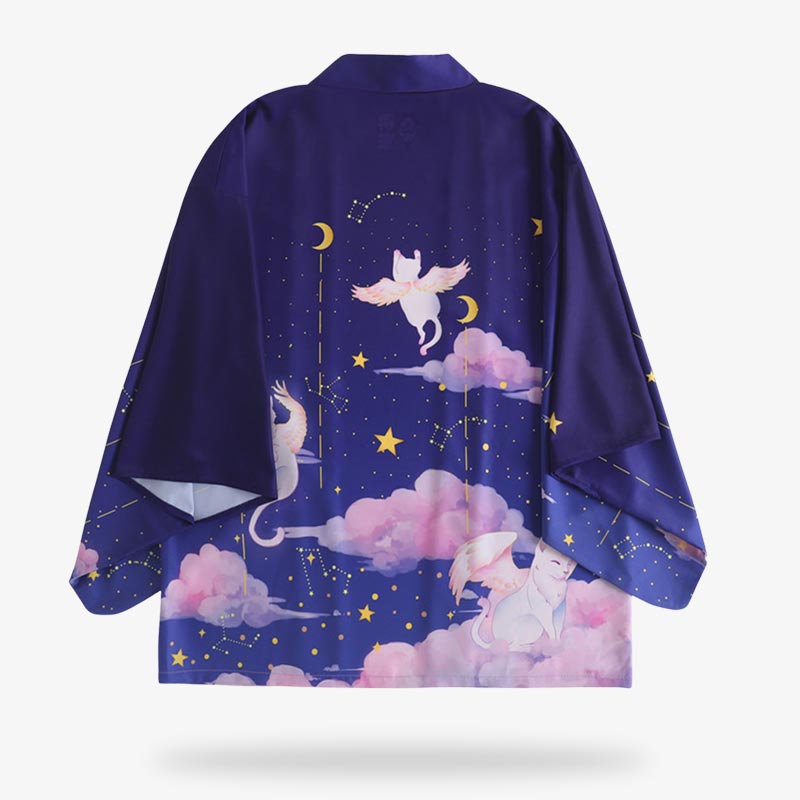 The blue kimono jacket showcases a Kawaii-inspired Japanese design with a Maneki Neko cat and the moon