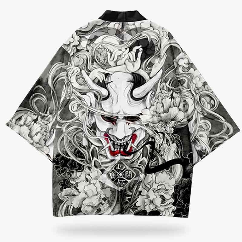 a casual kimono jacket with a Oni demon pattern and flowers