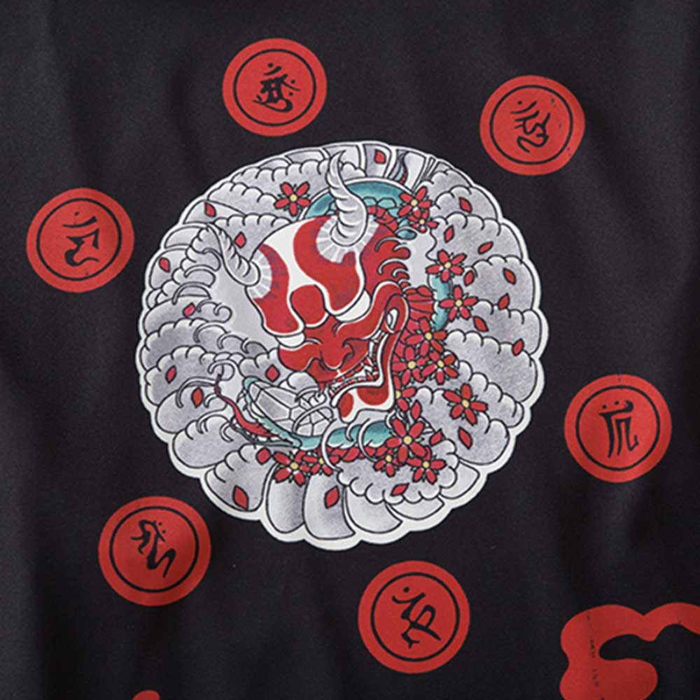 on a kimono, a demon pattern printed 