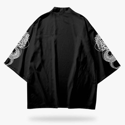 Dragon spirit haori with mystical designs representing protection and strength in Japanese tradition. This short sleeves kimono jacket is black colored