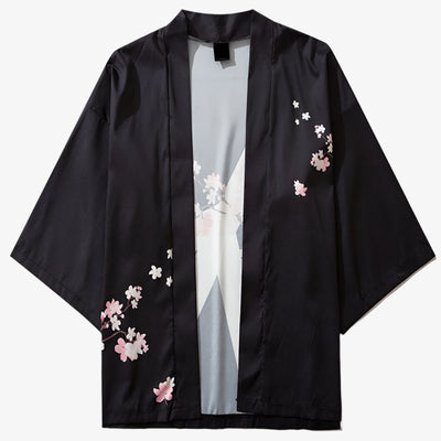 Black kimono with cherry blossom embroidery on a white background