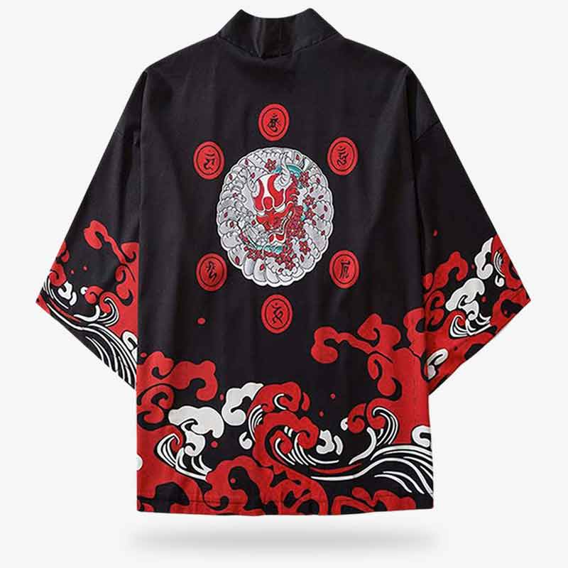 a haori black with oni pattern printed with red waves