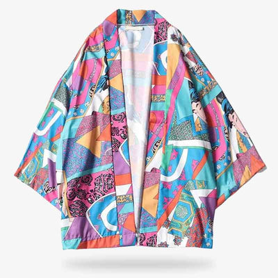 the ukiyo-e kimono jacket is an haori jacket with colorful pattern