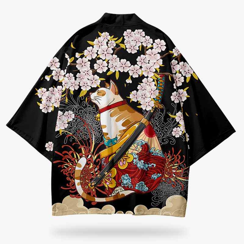 This Japanese kimono haori jacket is black with traditional Japanese motifs such as the maneki neko cat, the sakura flower and the lyrocis radiata flower.