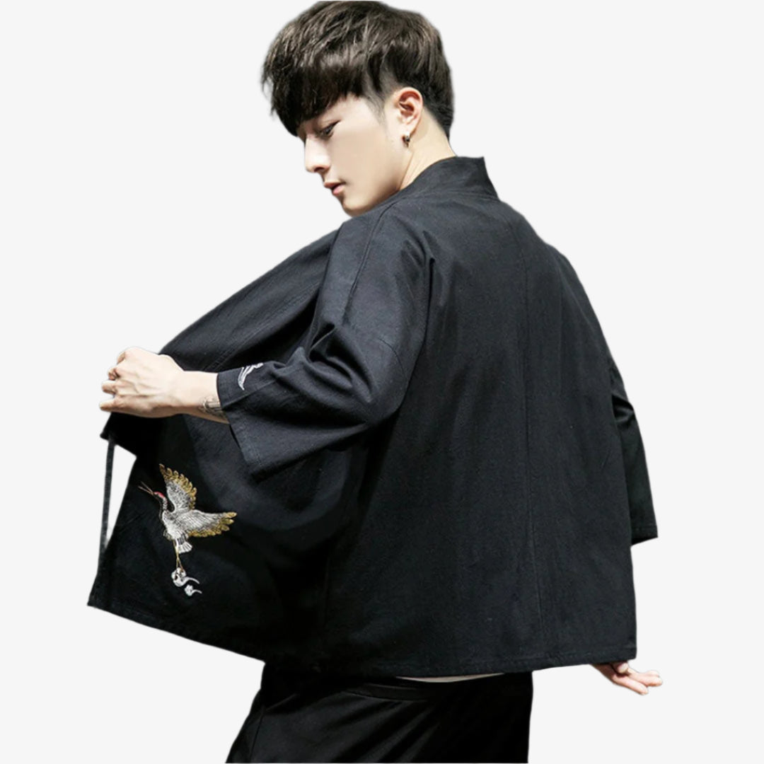Haori outfit men’s ensemble styled with Japanese influence, perfect for blending cultural heritage with everyday fashion.